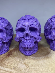 French Lavender Filigree Skull Candle